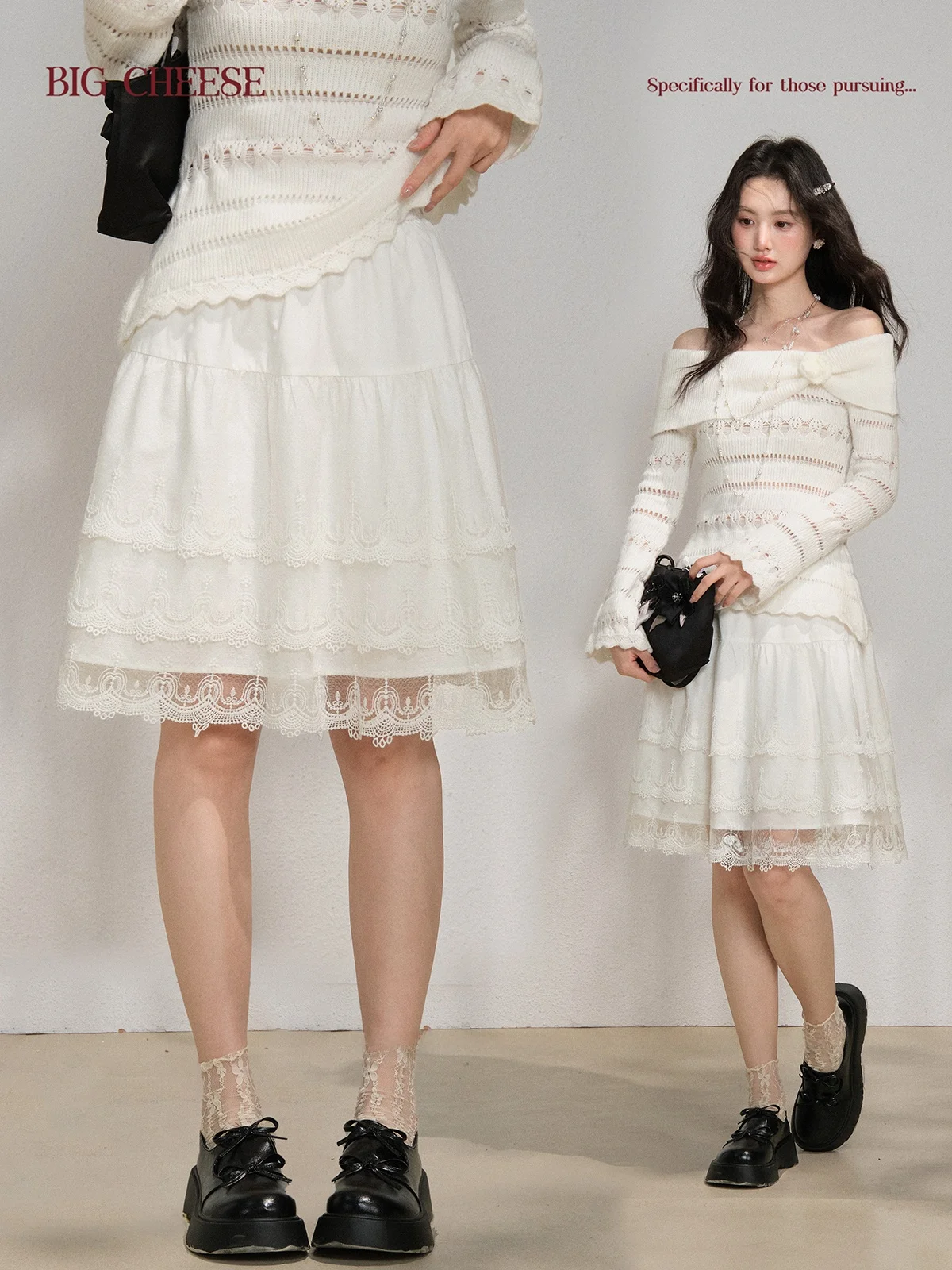 

High Waist A-Line Skirt White Tee-Layer Lace Spring Gentle High Waist f Skirt Large Size Women's Spring Faion