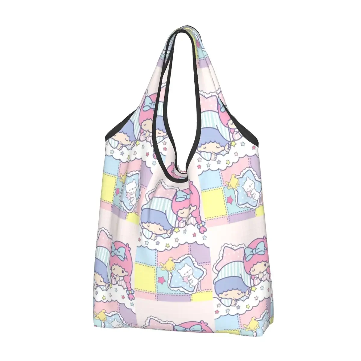 Custom Little Twin Stars Sanrio Cartoon Kiki Lala Groceries Shopping Bags Fashion Shopper Tote Shoulder Bag Portable Handbag