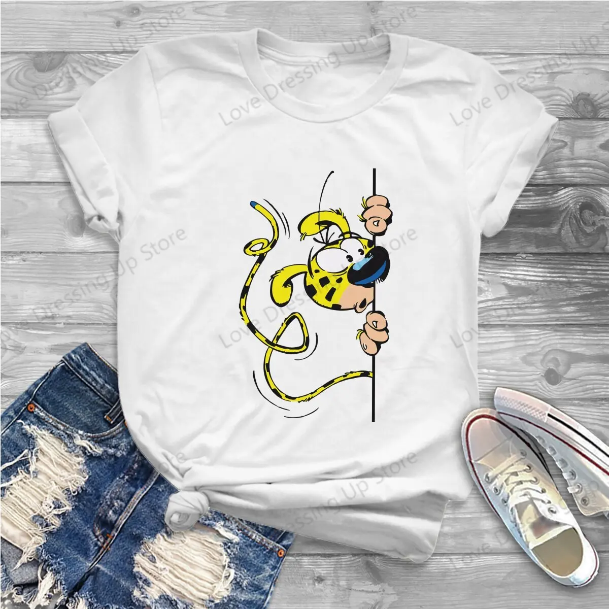 Marsupilami blue wall TShirt for Woman Marsupilami Cartoon Harajuku Casual Short Sleeve Polyester T-Shirt Special