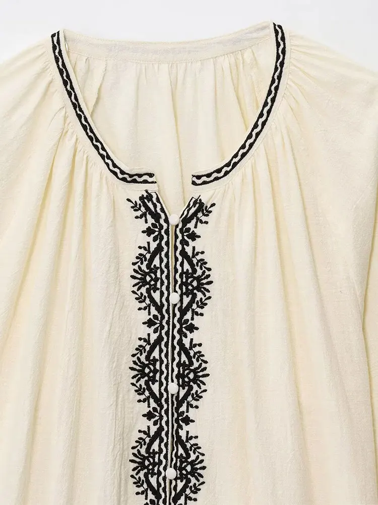 NLZGMSJ 2025 Vakantie Stijl Shirts Voor Vrouw Mode Contrast Kleur Print Shirt Top O-hals Lange Mouw Nieuwe Losse Shirt