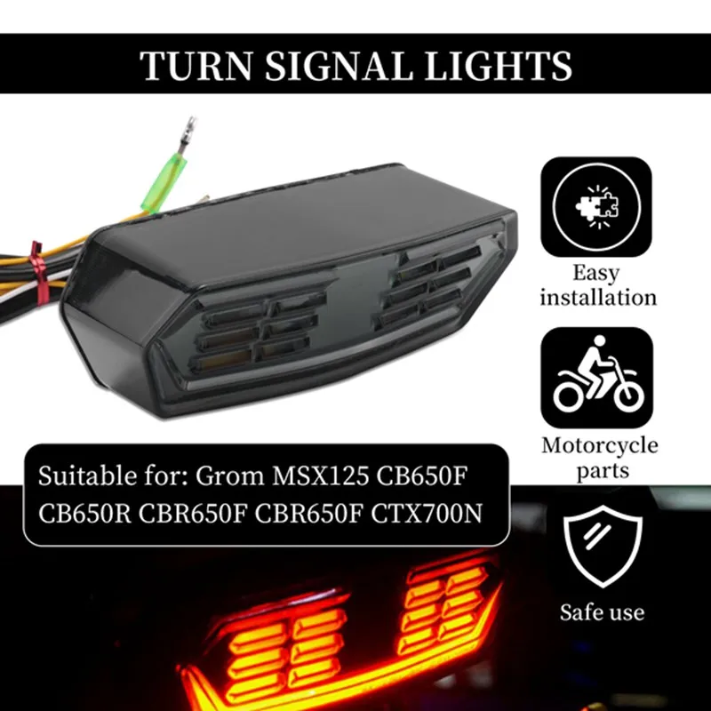 Motorcycle Brake Tail Light with Turn Signal Lights for Grom MSX125 CB650F CB650R CBR650F CTX700N, Smoked Lens-A68X