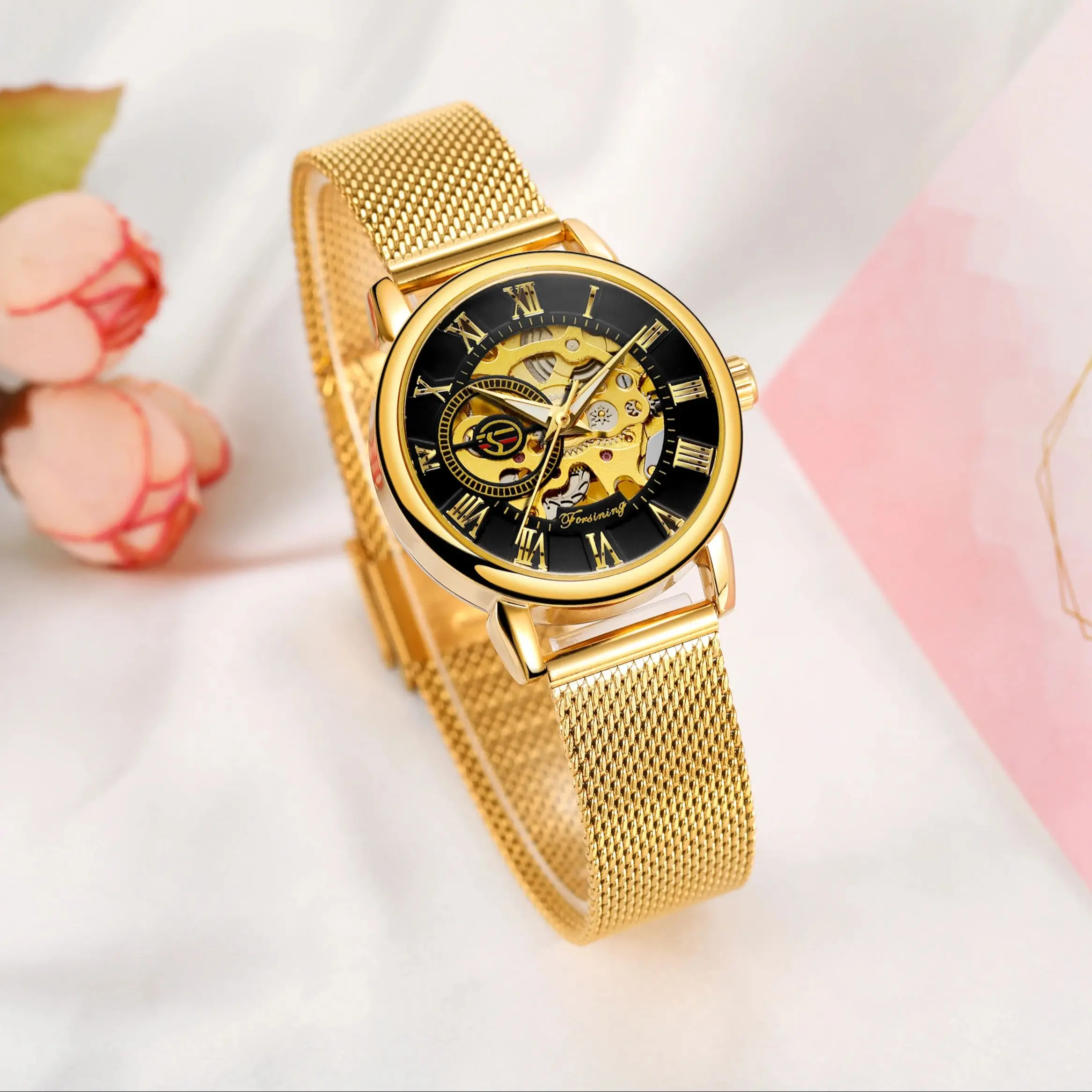 Forsining Luxury Elegant Ladies Watches Top Brand Luxury Gold Skeleton Mechanical Watch for Women Mesh Stainless Steel Strap New