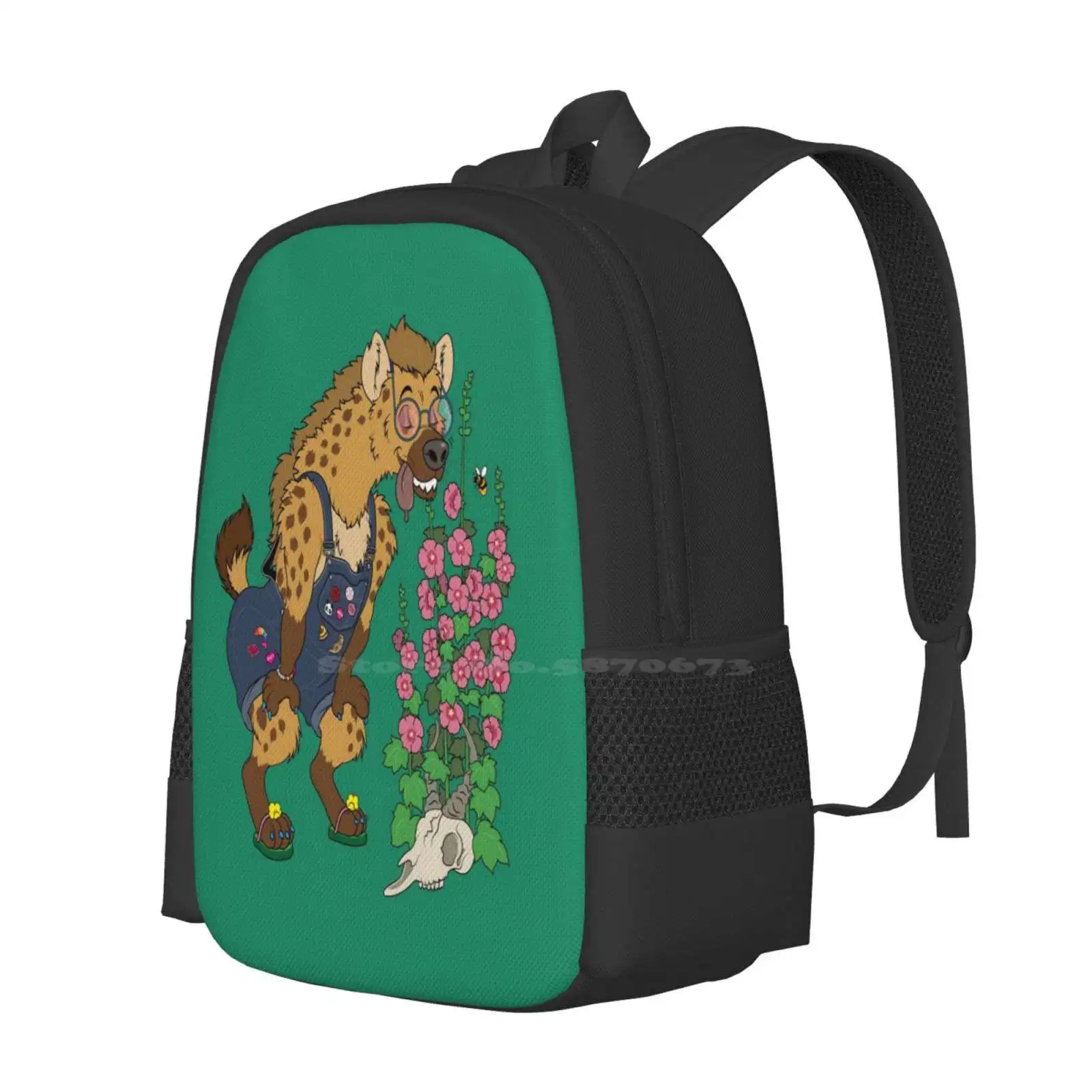 Hyena In The Garden Hot Sale Schoolbag Backpack Fashion Bags Hyena Animals Mammal Anthropomorphic Garden Flowers Hollyhocks