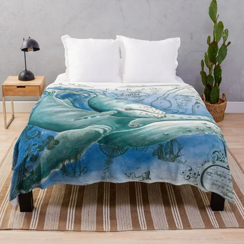 

Humpback Whales Family Vintage Map Watercolor Throw Blanket Warm Accent Blanket for Living Room Decoration