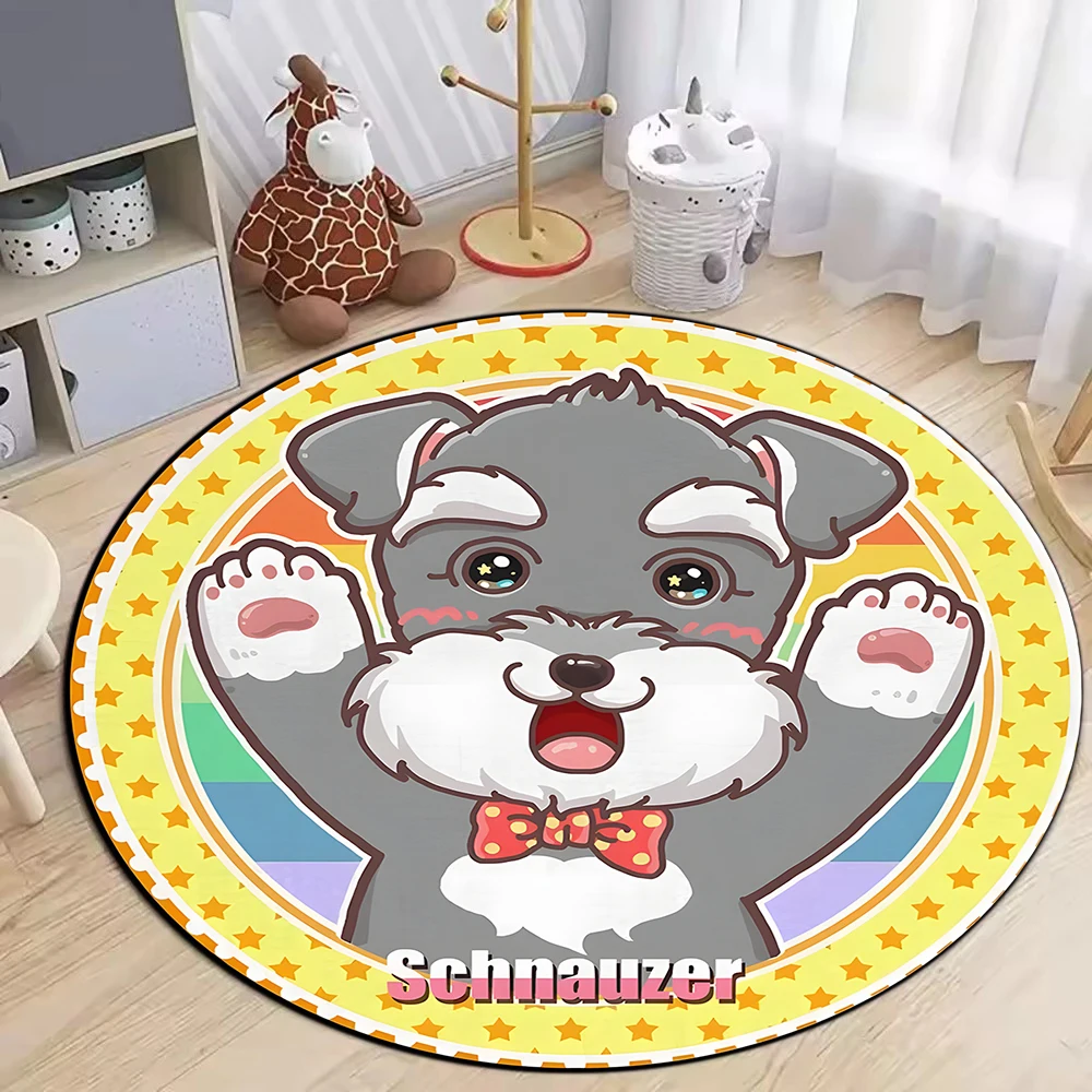 Kawaii Cartoon French Bulldog Schnauzer Dog Round Carpet Star Paw Print Decor Soft Rug for Kids Bedroom Playroom Home Decor