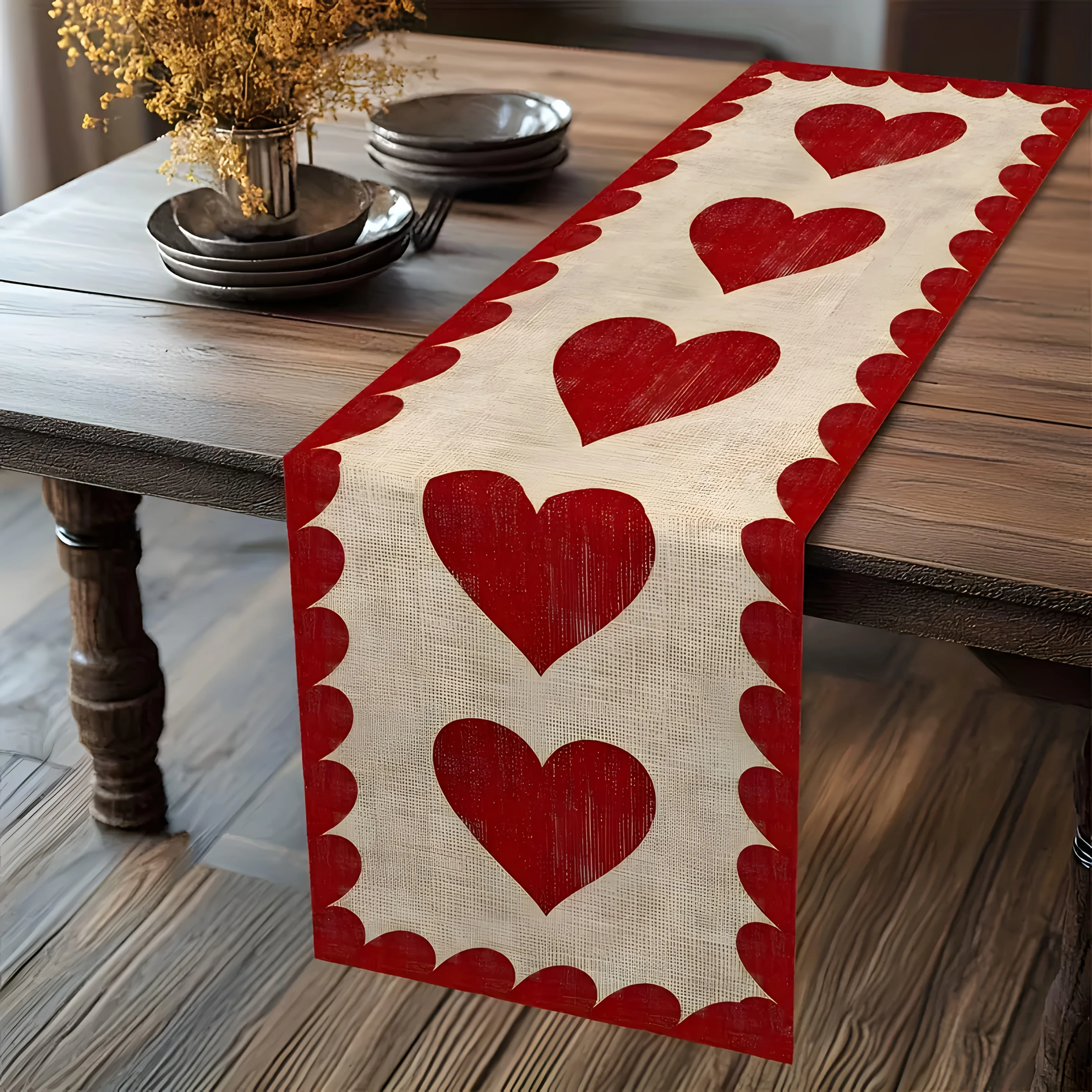 1PC Heart & Stripe Print Table Runner for National Day, Valentine's Day, Mother's Day & Birthday Party, Red & White Design