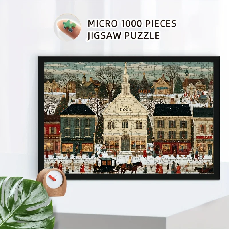 1000 قطعة من أحجية الصور المقطوعة لعيد الميلاد للبالغين والعائلات - مشهد شارع شتوي احتفالي مع قرية ثلجية، عربات مرسومة بالخيول