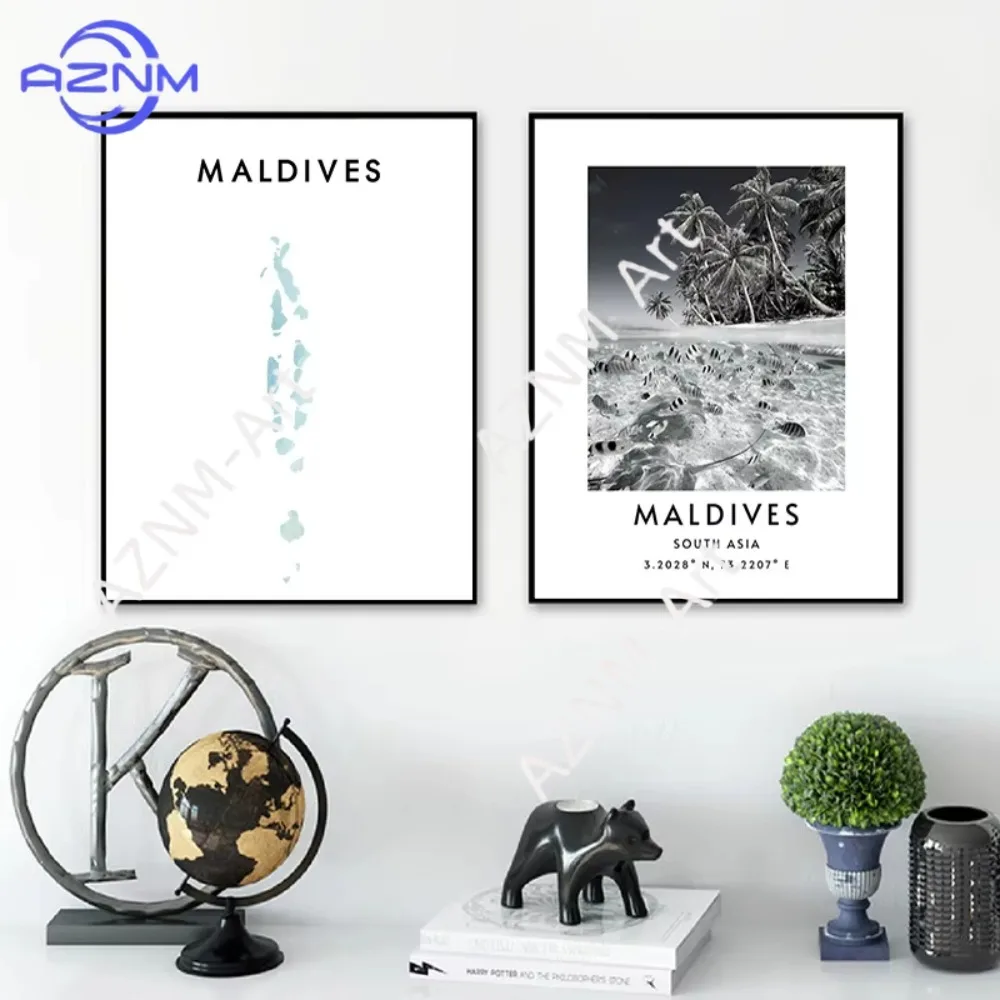 1/2 Stück Malediven-Kartenposter, Leinwanddruck, Malediven-Koordinaten, minimalistisches Reisegeschenk, Wandbild, Wohnzimmerdekoration