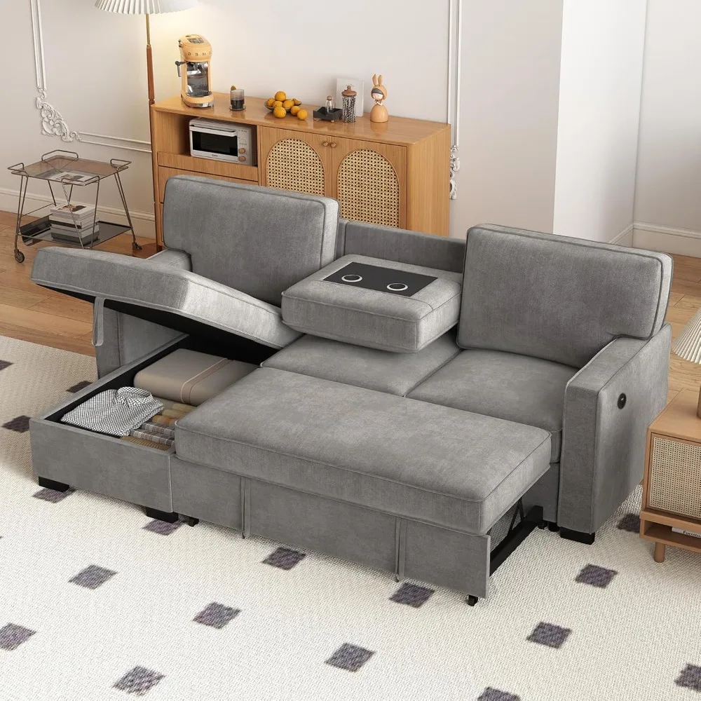 

Convertible Sleeper Sofa 3 in 1, or Living Room, Pull Out Sectional Futon Sofa Bed with Storage Space, USB Ports and Cup Holders