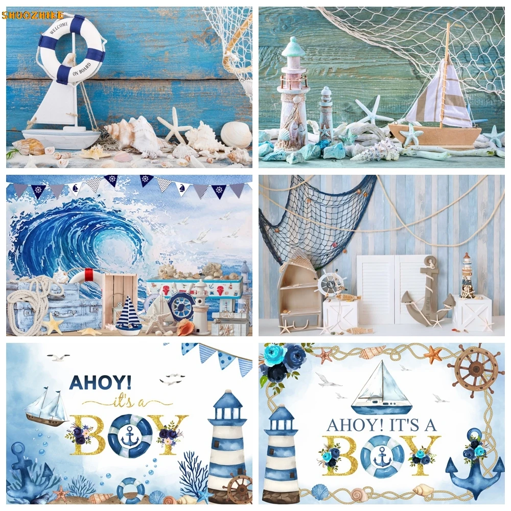 

Childlike Baby Summer Sailing Wood Boat Anchor Wheel Rudder Fishing Net Party Photo Backdrop Photo Background Photocall