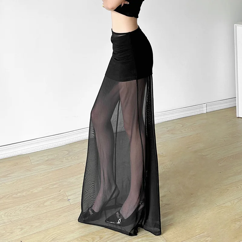 2025 여름 신상 여성 의류 솔리드 컬러 슬림하고 얇은 스트릿 패션 하이웨이스트 거즈 스커트