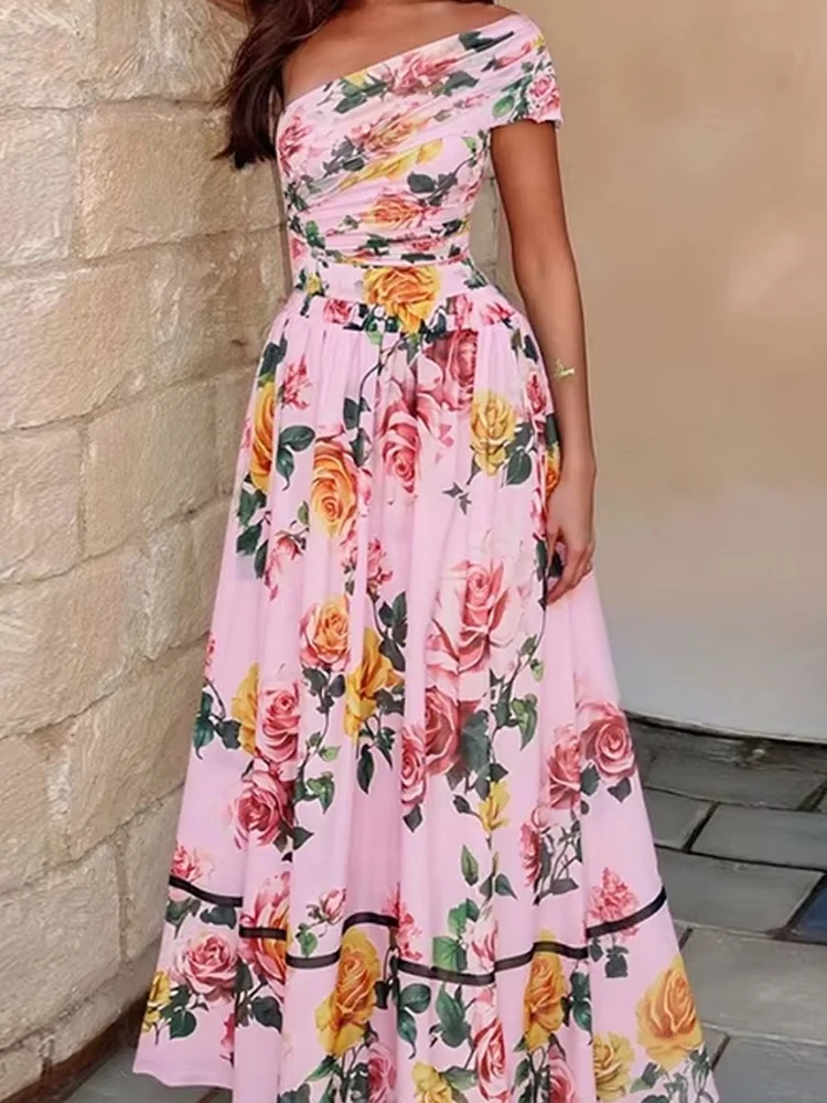 

Elegant One Shoulder Bodysuit & Long Skirt Set Fashion Flower Print Draped Bikini Outfits Sexy Sleeveless Slim 2PC Swimwear Suit