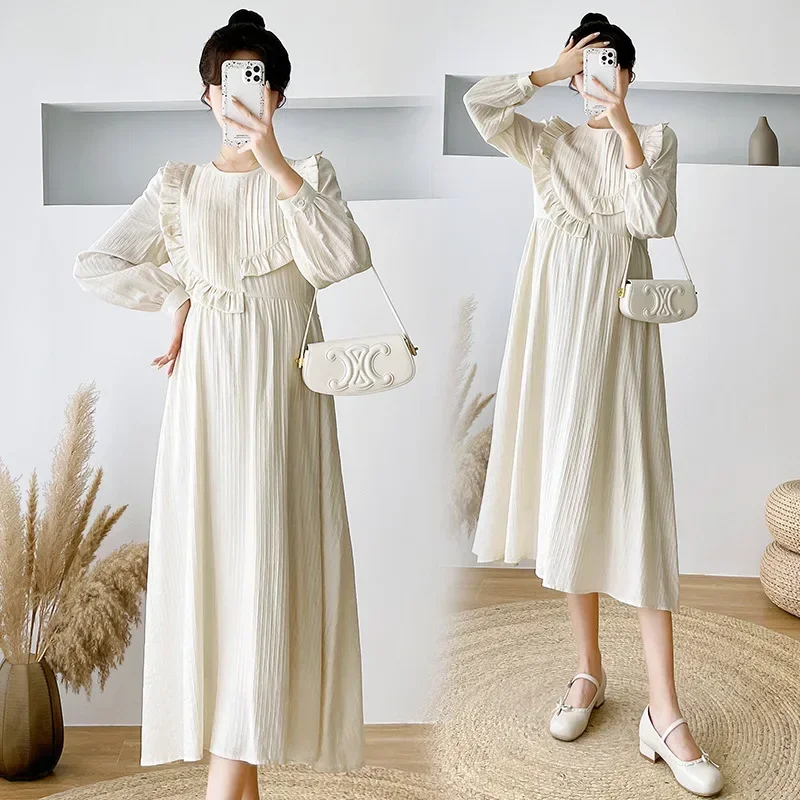 Maternity Dress Spring Autumn And Winter New Solid Color Fashion Design Ruffled Leaf Stitching Slimming Pregnant Woman Dress