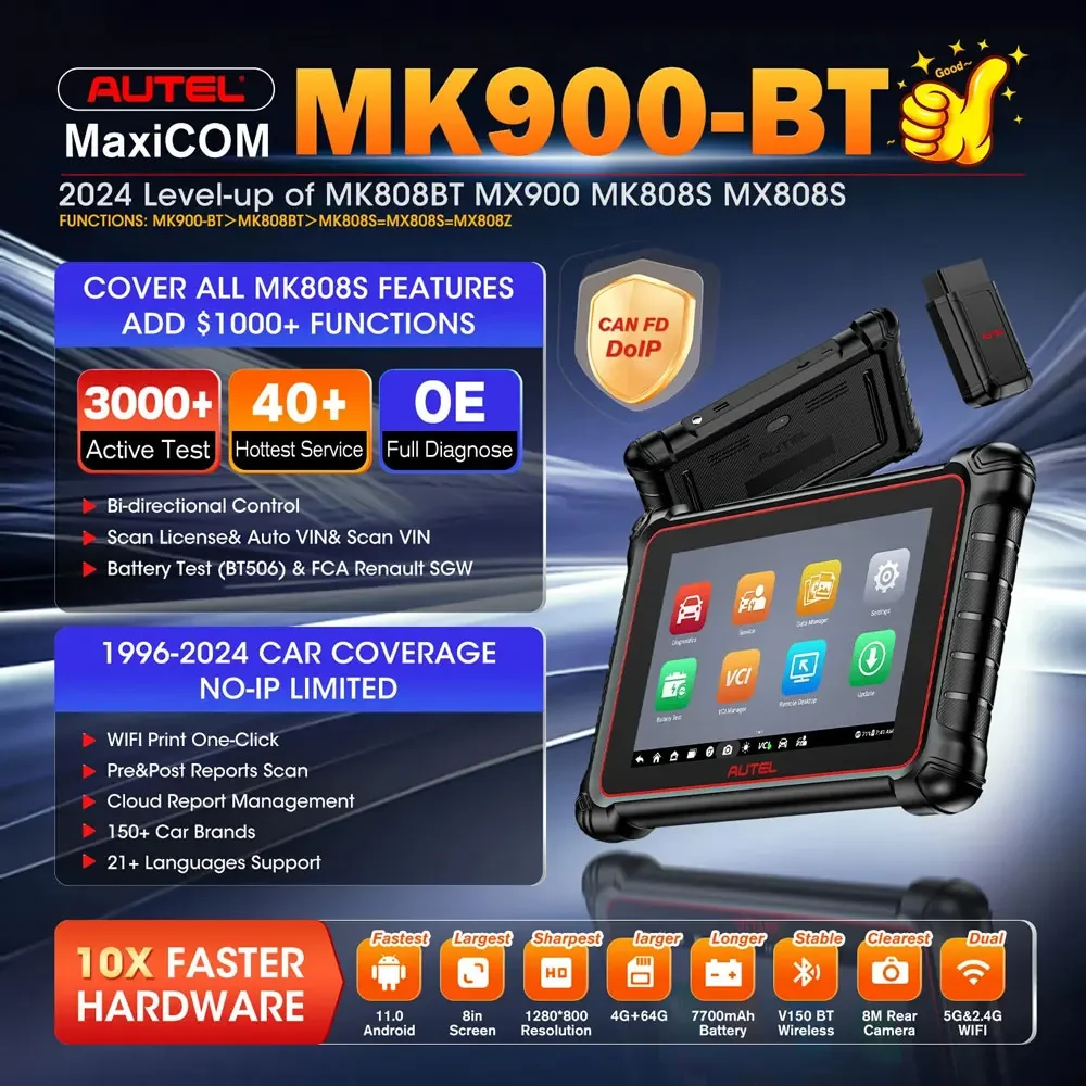 Autel MaxiCOM MK900BT MK900-BT двунаправленный диагностический сканер Обновление активных испытаний MX900 MK808BT MK808S CAN-FD и DOIP 3000+