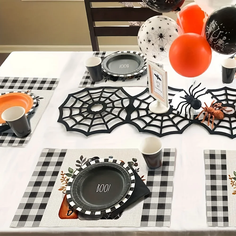 VIKAMA Black Cat Spider Web Teapot Square Placemat Non Slip Waterproof Heat Resistant Dining Table Mat for Holiday Party Decor