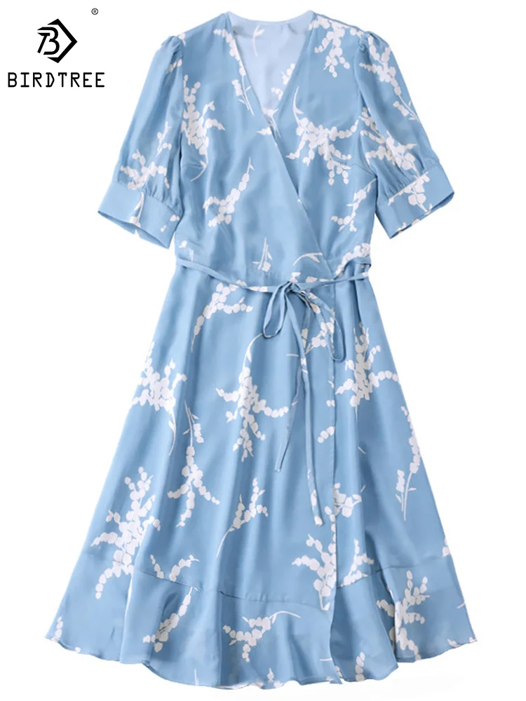 

Birdtree 14MM 100%Real Silk Dress Women's Summer New Elegant French V-neck Blue Ruffled Temperament A-Line Tea Dresses D36601QM