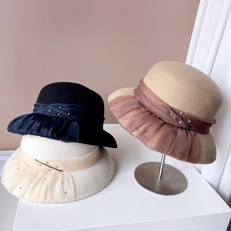 French Hepburn style pleated light yarn lampshade hat for women winter warm Australian wool felt hat rhinestone vintage top hat