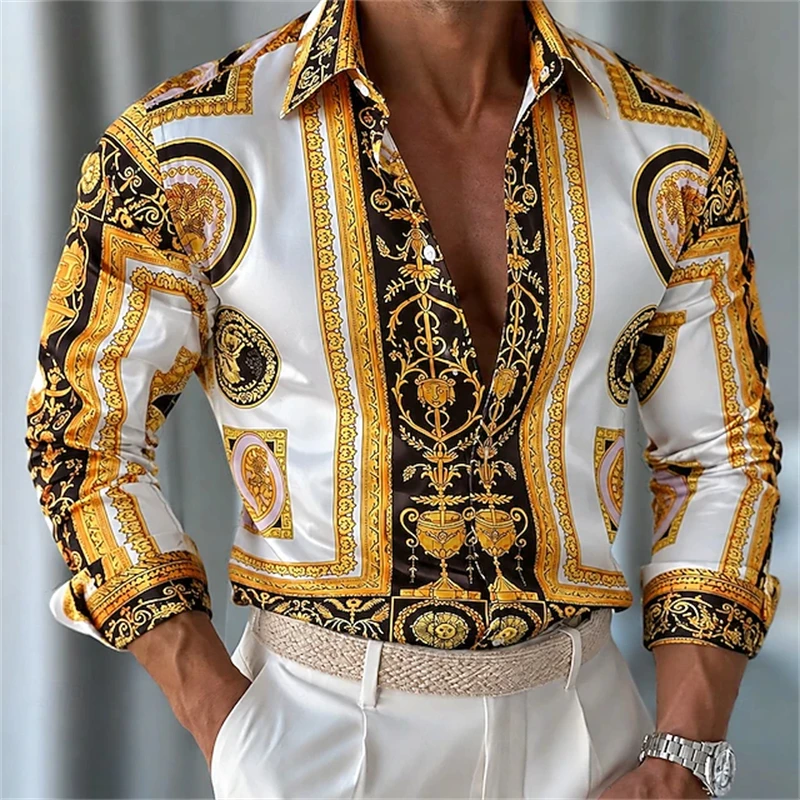 Men's Luxury Long-Sleeve Shirt Vintage Print Button-Down Ideal for Parties and Vacations Outdoor Street-Style Collared Shirt