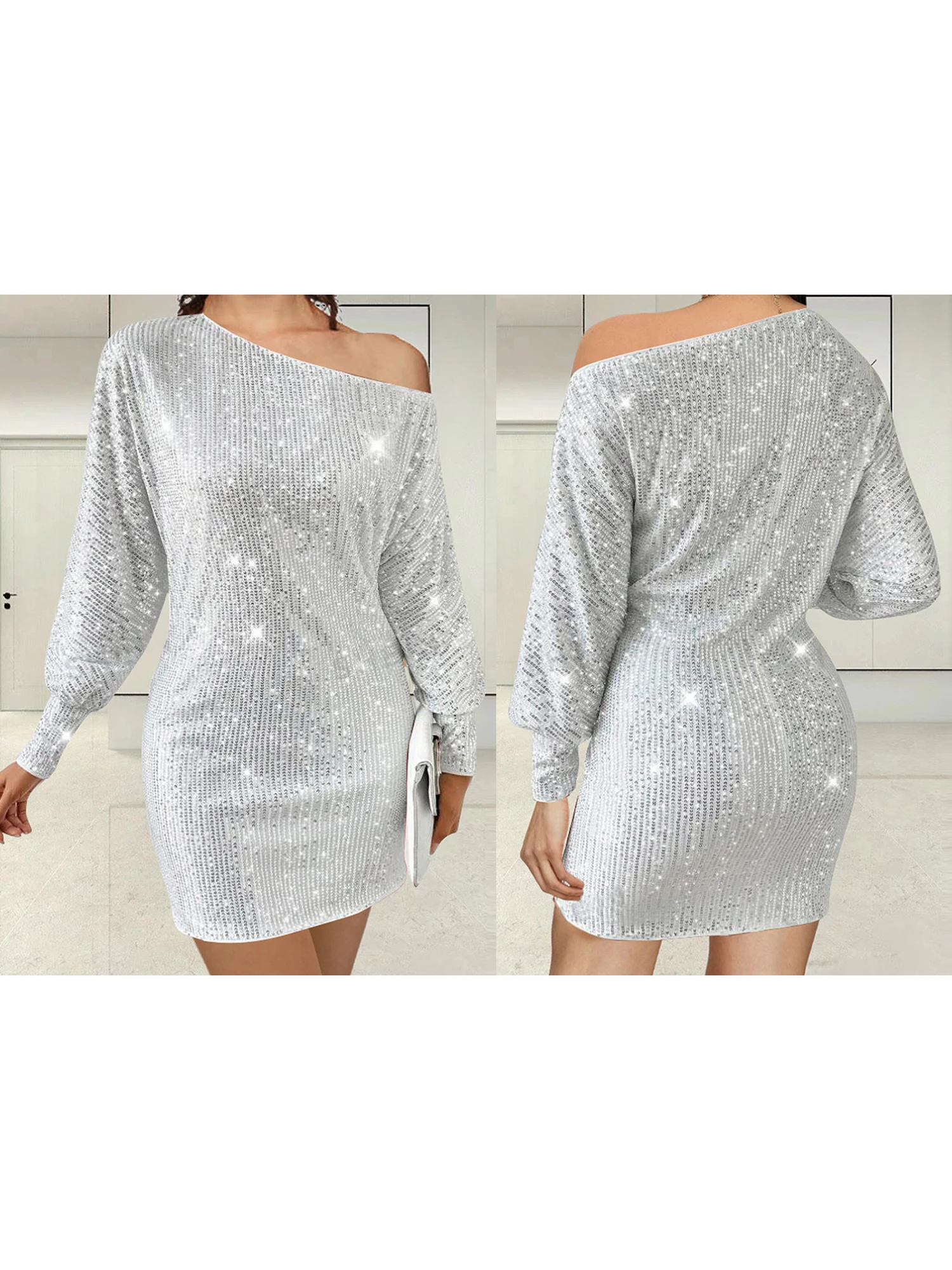 Elegante abito da donna con paillettes con scollo a V, vita increspata e orlo svasato, perfetto per feste serali ed eventi