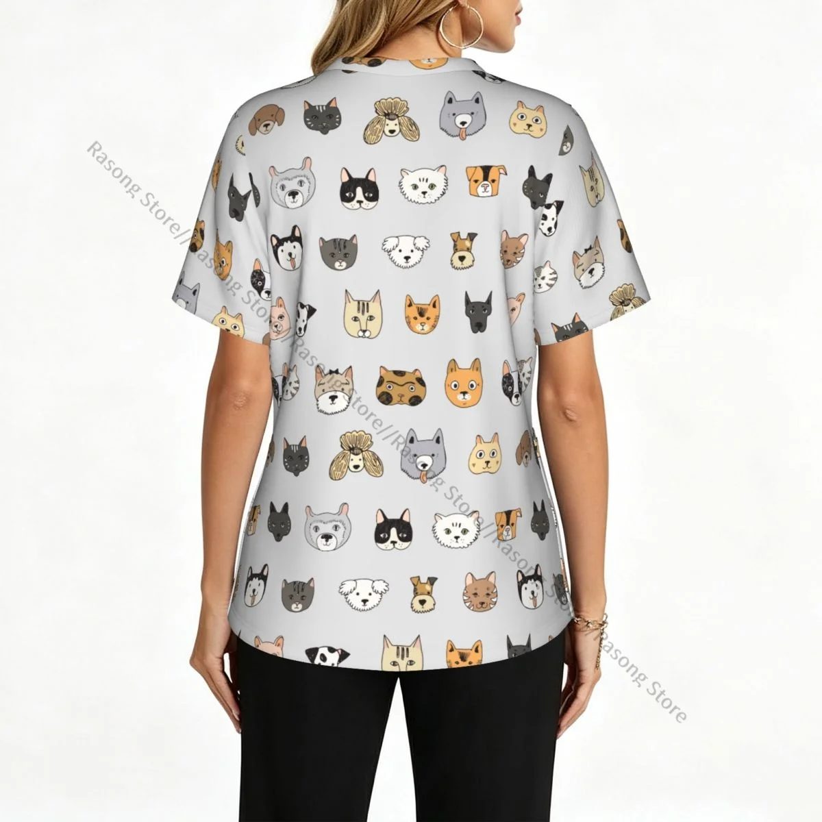 Women's Scrub Tops Short Sleeve Workwear Shirts V Neck Fitness Nursing Uniform Cats Dogs Pullover Spa Doctor Nursing Shirt