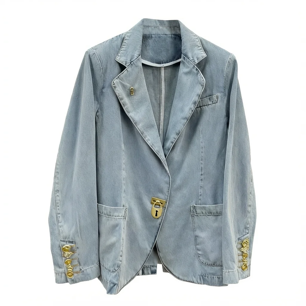 

NIGO French Retro Denim Blazer Women's Light Blue Lapel Coat Metal Lock Buttons Long Sleeve High Comfort Outerwear ##NIGO9512Z