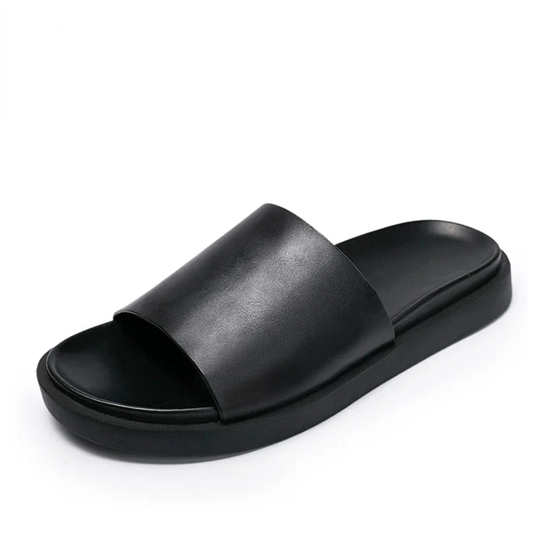Luxury Mens Genuine Leather Slippers Handmade Quality Summer 2026 New Comfortable Classic Black Outdoor Daily Beach Shoes Man