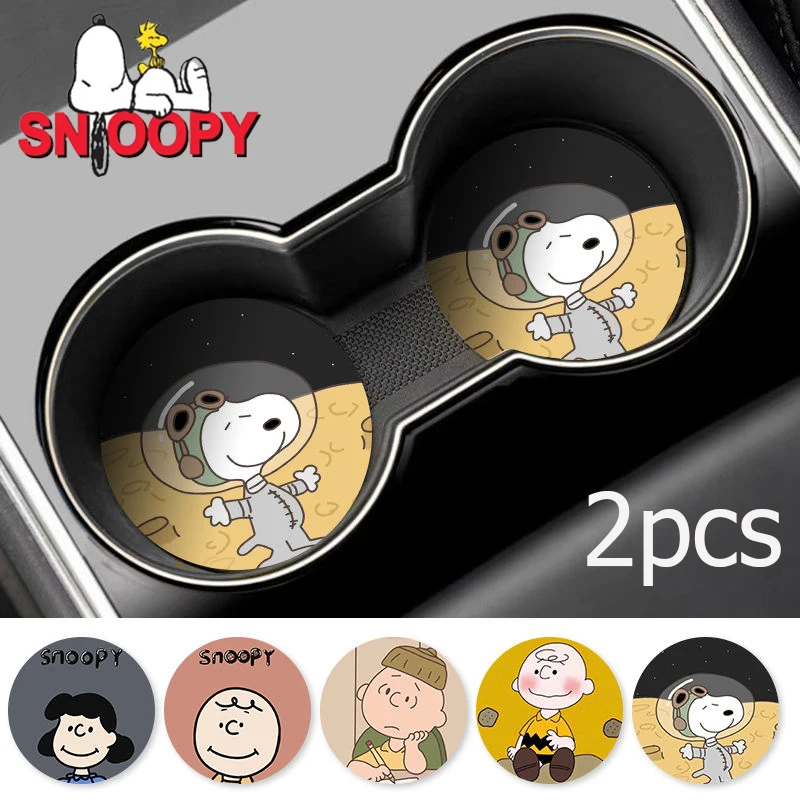 2pcs Car Snoopy Charlie Anti Slip Cup Mat Pad Coaster Cartoon Cups Holders Auto Water Bottle Slot Decorate Interior Accessories