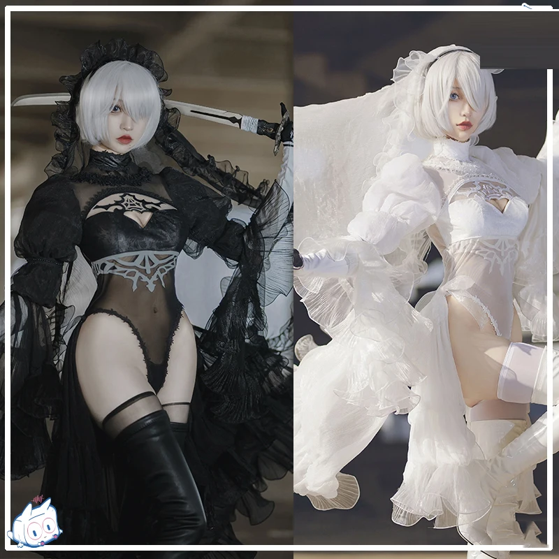 NieR:Automata 2B Cosplay Costume 2B Black White Wedding Dress Sexy Lace Dress Women Halloween Uniform Suit Anime Outfits Clothes