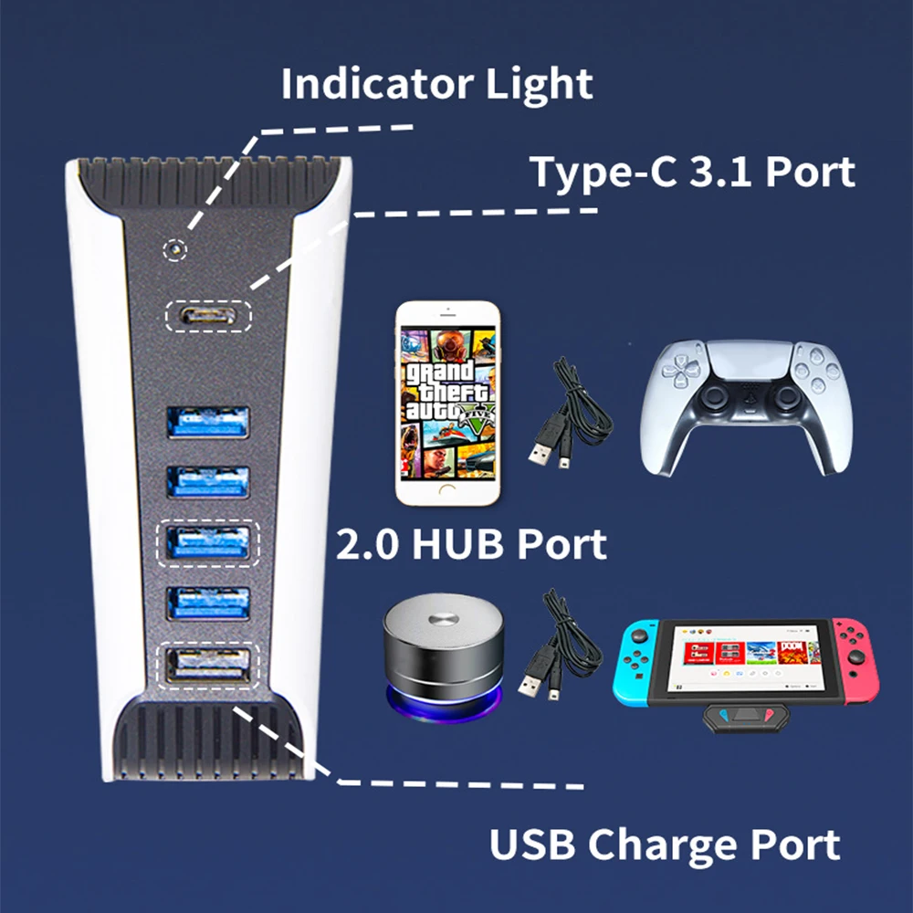 For PS5 5in1 USB HUB Splitter Extender Multi-port Hub One Drag Five USB3.0 Fast Split Tansmission PS5 Conversion Docking Station