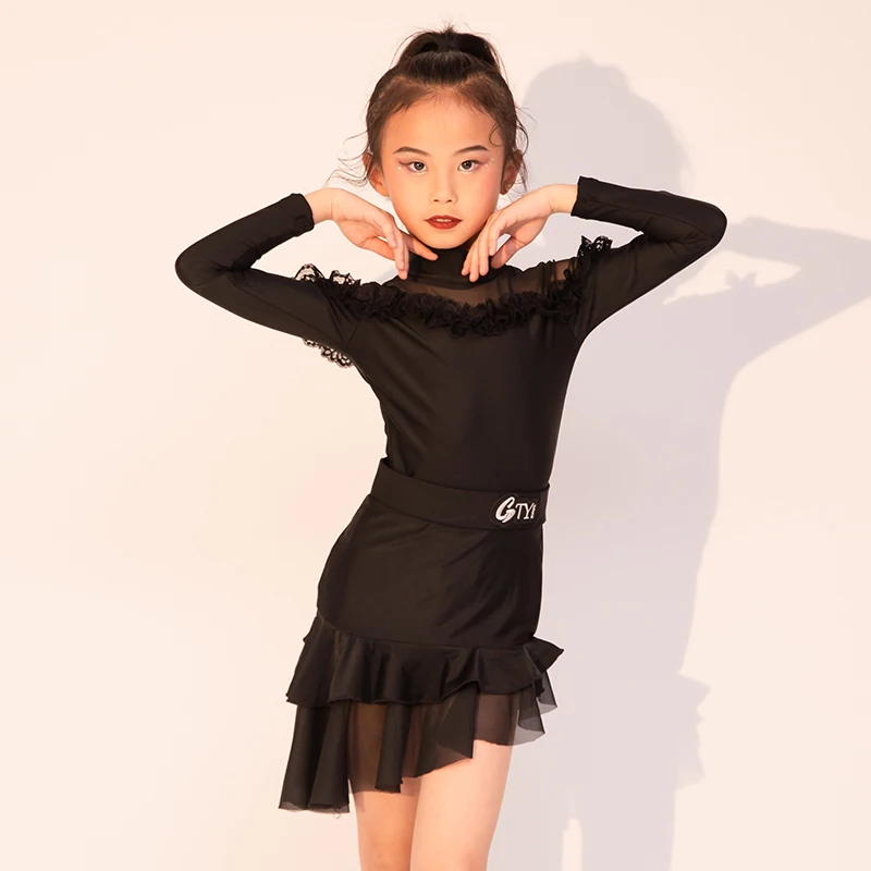 

Усовершенствованный черный костюм для латинских танцев на осень/зиму для девочек и детей, новый комплект тренировочных танцевальных костюмов