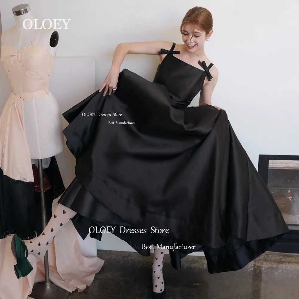 OLOEY Simple Black Satin Evening Dresses Korea Japan Photoshoot Spaghetti Straps Bows A-Line Wedding Party Dresses Ankle Length