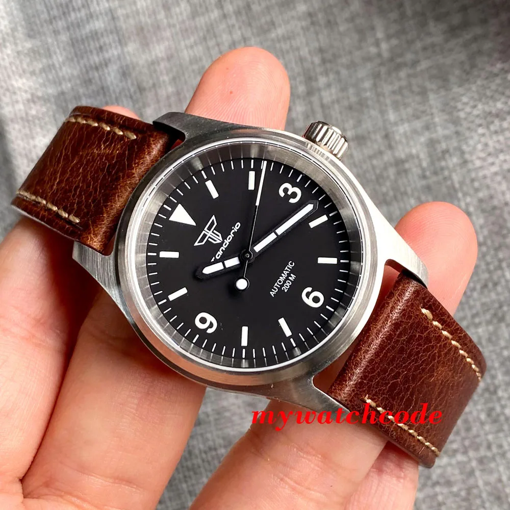 Tandorio 36mm Pilot NH35 PT5000 Brushed Automatic Dive Men Lady Watch 200m Waterproof Leather Strap Sapphire Glass Relogio