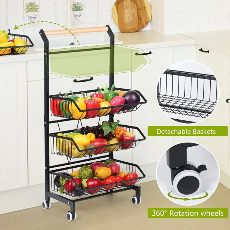 

3 Tier Fruit Vegetable Storage Basket Rolling Cart with Handle and Wheels, Black Kitchen Island Table Organizing Trolley Basket