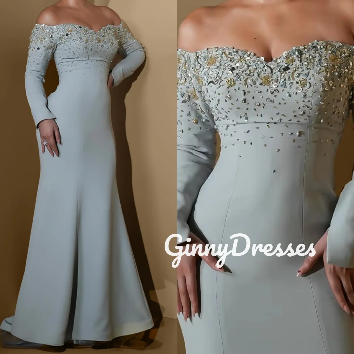 

Dubai Luxury Evening Dress Customize Mermaid Off-The-Shoulder Dresses For Prom Beadings Long Sleeves Floor-Length Formal Occasio