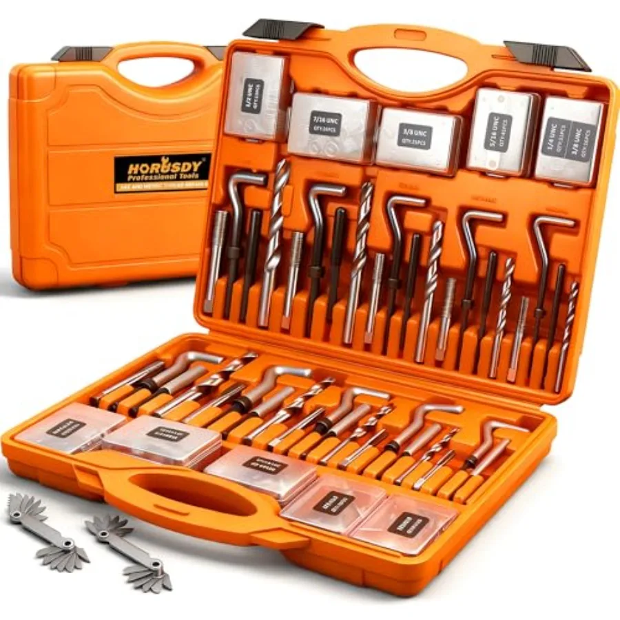 348-Piece Thread Repair Kit, Metric and SAE Helicoil Set with HSS Drill Bits, Thread Inserts, Taps and Installation Tools, for