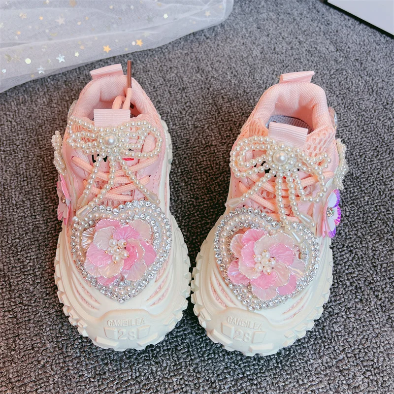 Girls Shoes 2023 Kids Fashion Running Sports Chunky Sneakers Toddler Brand Handmade Princess Shoes Children Pearls Flowers Flats