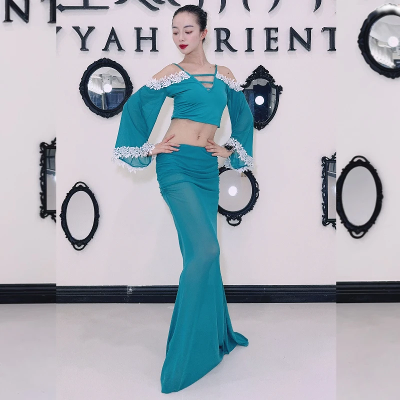 

Комплект BellyDance, сексуальный сетчатый топ без рукавов + юбка с кисточками «рыбий хвост», женский наряд для восточных танцев, танцевальная одежда для девочек