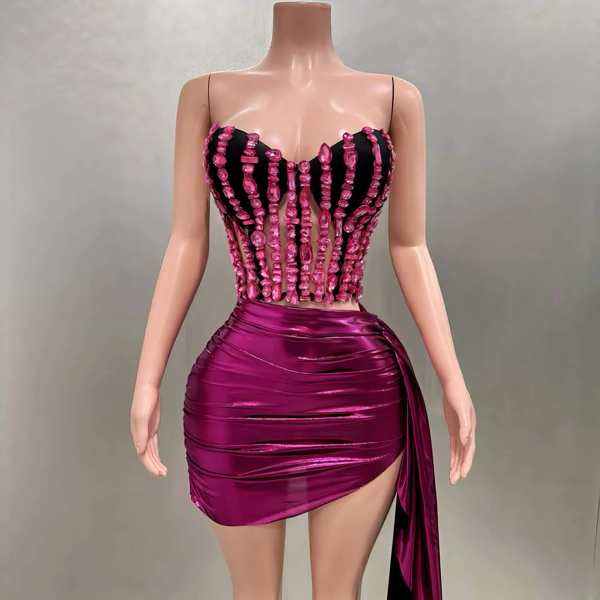 STOCK Women Sexy Strapless Crytrals Top Sheath Skirt Fuchsia Set 2 Pieces Celebrate Nightclub Party Birthday Performance Costume