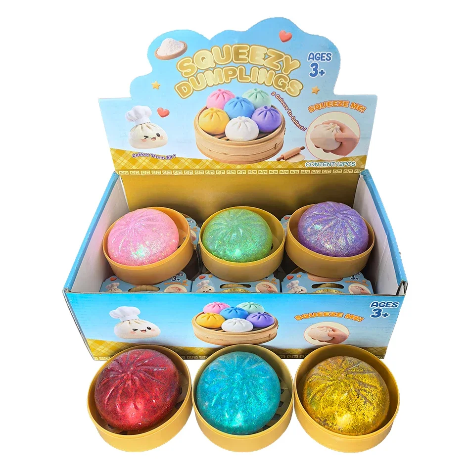 Glitzer-Dumpling Squishy mit Box, Mystery Box, Bunter Lebensmittel-Squishy, Sensorisches Fidget-Spielzeug, Anti-Stress-Quetschball