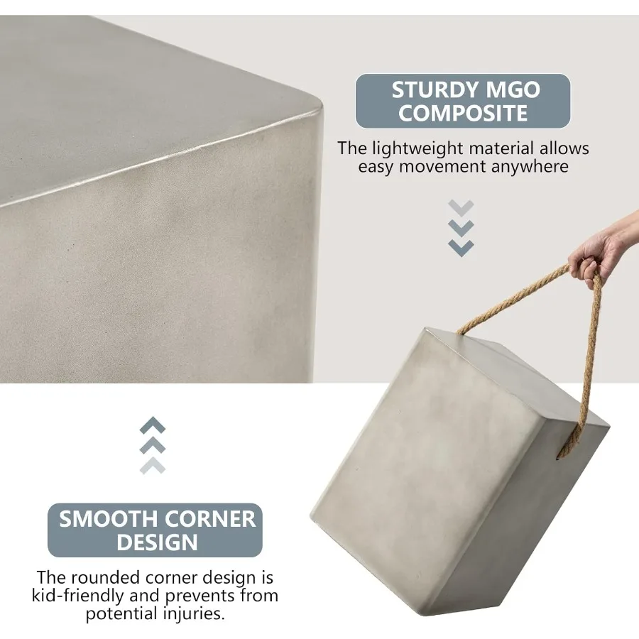 Table d'appoint rectangulaire en béton avec poignées en corde de chanvre pour une utilisation extérieure, table d'appoint de patio de 15 pouces et table basse d'appoint idéale pour G