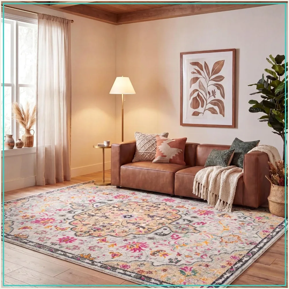 Boho Medallion Distressed Area Rug 6x9 Ft Grey Gold Non-Shedding Easy Care Living Room Bedroom