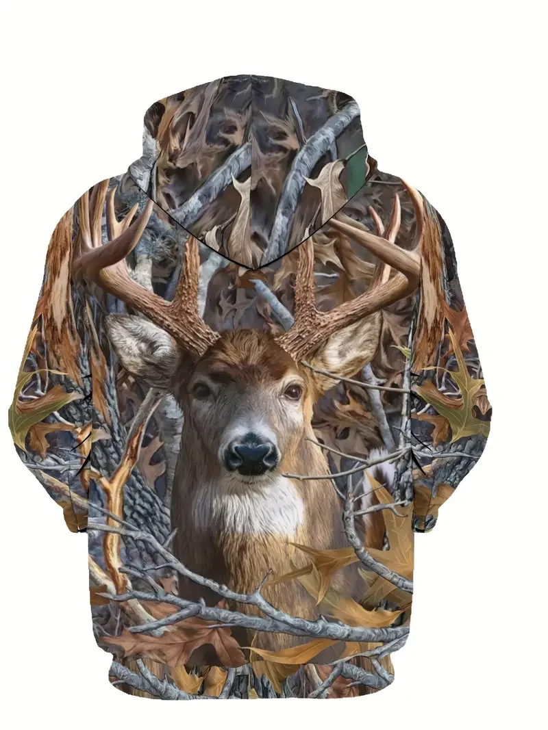 Men\'s Casual Pullover Hoodie 3D Deer Antlers Print Outdoor Nature-Inspired Hooded Sweatshirt Streetwear Fashion Clothing Top