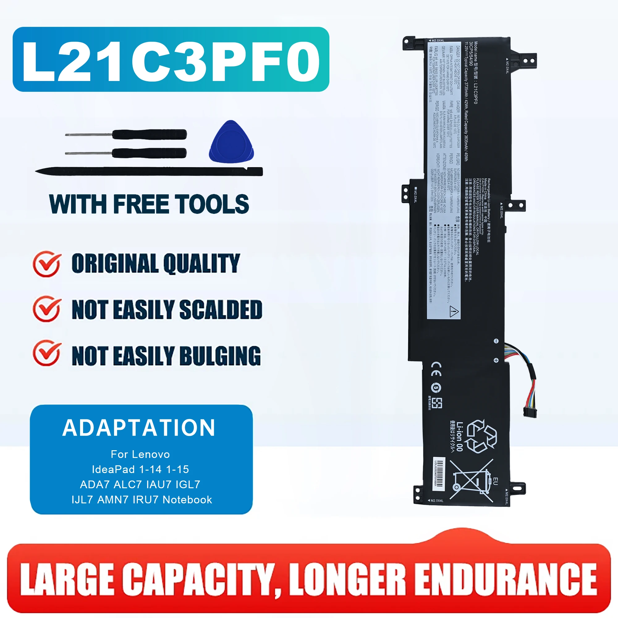 Genuine L21C3PF0 L21M3PF0 L21M3PF1 11.25V 42Wh Original Battery for Lenovo IdeaPad 1-14IJL7 1-15IAU7