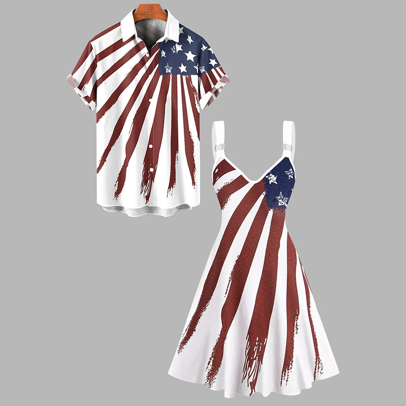 

Independence Day Couple Outfit Star Striped Pattern O Ring V Neck A Line Mini Dress and Roll Up Sleeve Shirt Matching Outfit