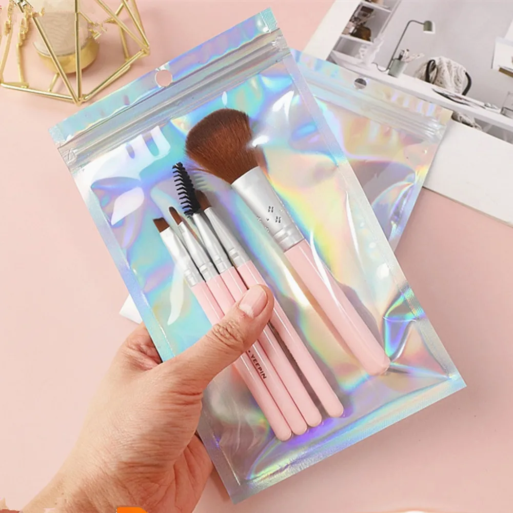 100pcs Laser Aluminum Foil Zip-lock Bags with Clear Front - Holographic Colored Zipper Reseal Pouch for Jewelry and Accessories