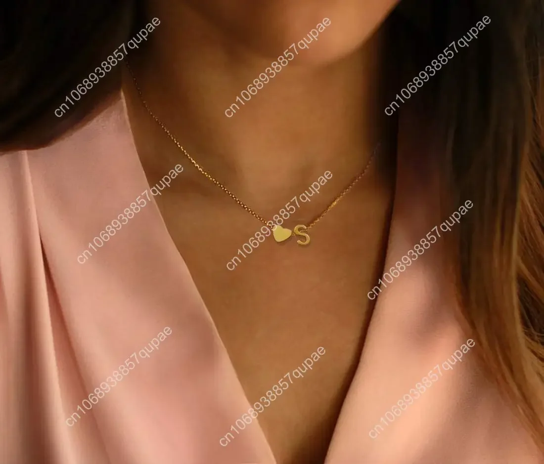 Initial Heart Necklace 18K Gold Plated Stainless Steel Tiny Heart Letter Necklace Personalized Monogram Name Necklace for Women