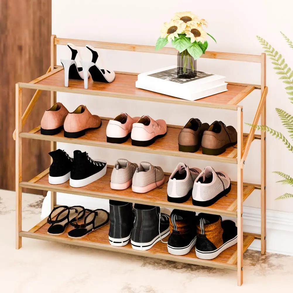 1 Piece 4-Layer Bamboo Shoe Storage Rack Solid Color Simple Home Assembly Shoe Rack Suitable For Porch Living Room Shoe Shelf