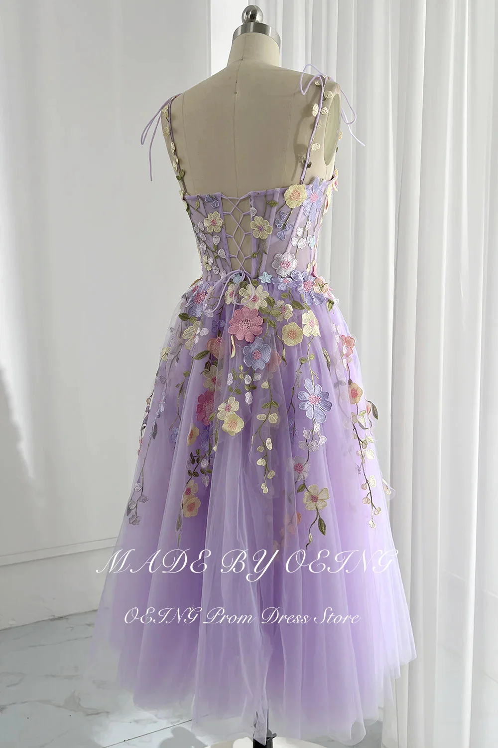 OEING Fairy Lavender Prom Dresses Pastrol Spaghetti Straps 3D Flowers Tea Length Evening Dress Summer Vestidos De Para Mujer