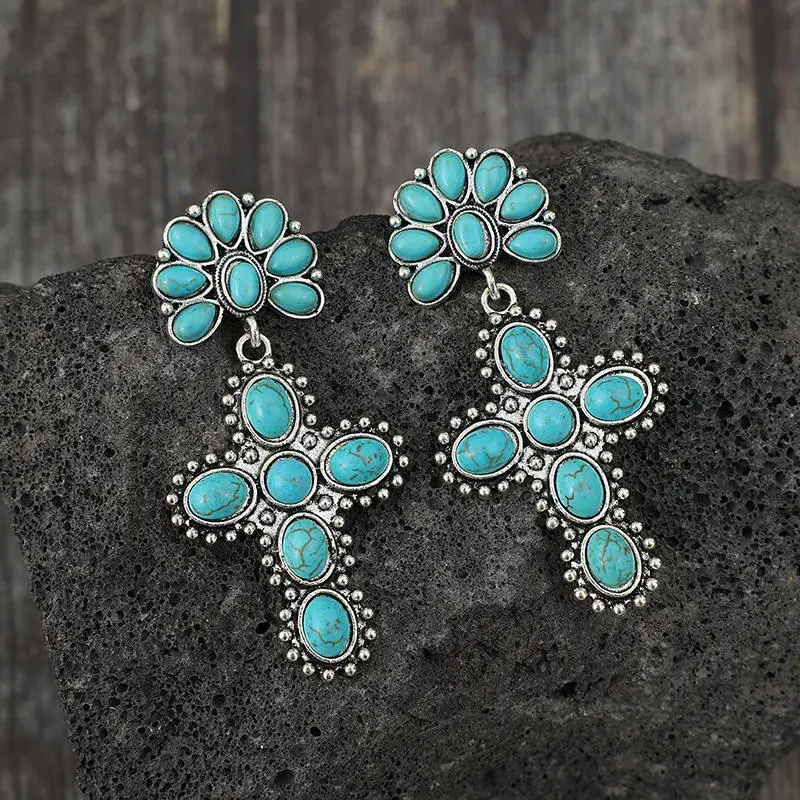 Blessed Christian Jewelry Western Style Faux Turquoise Stone Cross Earrings 2024 Wholesale Women\'s Western Cross Stud Earrings