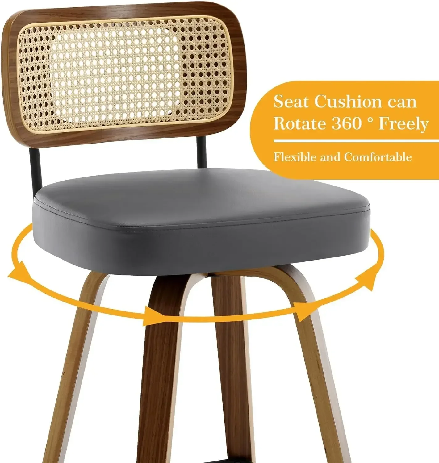 XMSJ.Swivel Bar Stools Set of 2, Upholstered Faux Leather Barstools with Rattan Back, Bentwood Wood Frame, 29" Seat Height Bar C